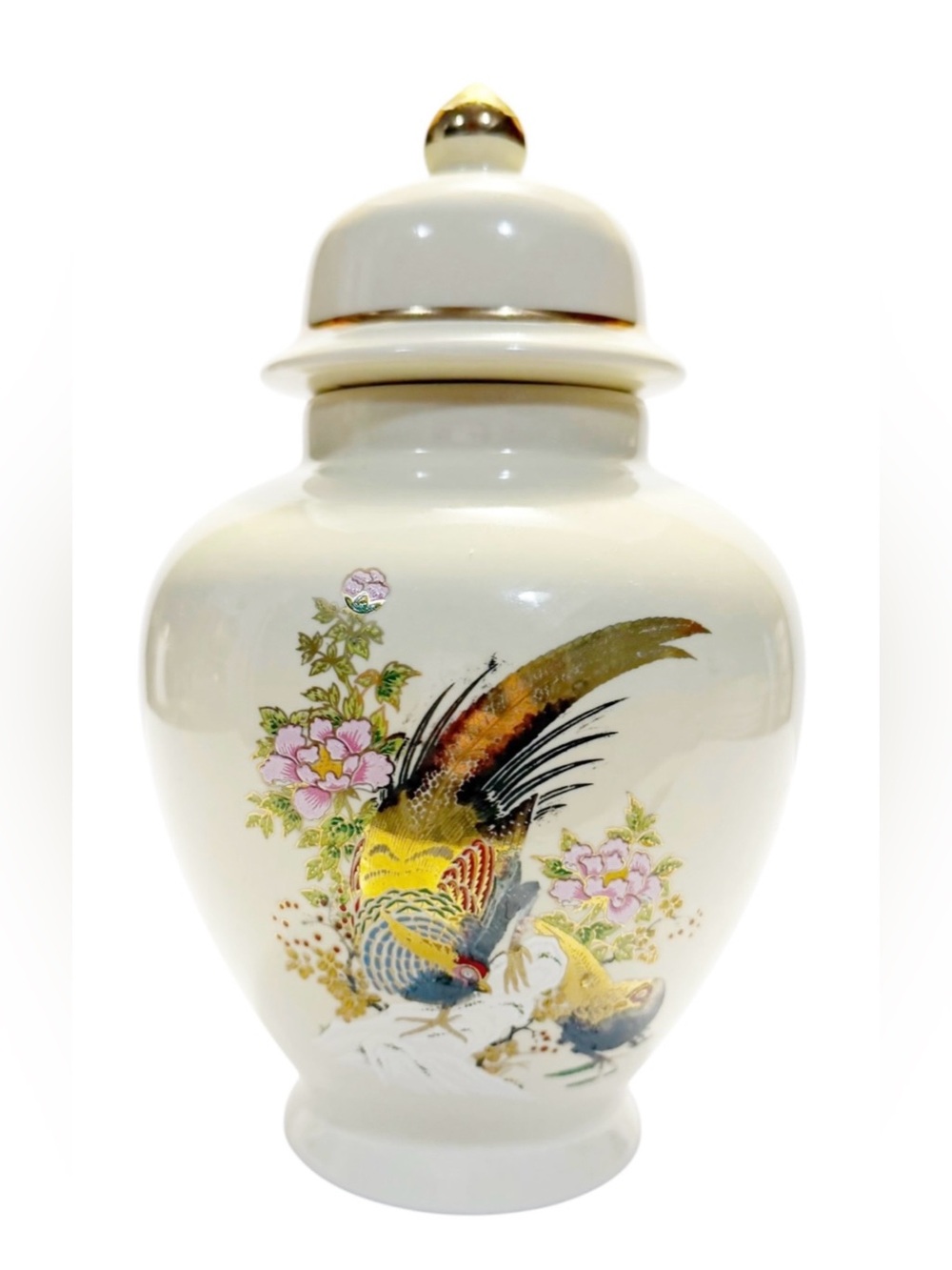 Vintage Porcelain Japanese Ginger Jar w/Lid Gold Trim Pheasant Design 8"